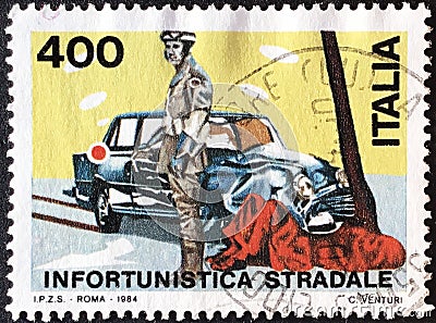 Italian postage stamp from the road safety series Editorial Stock Photo
