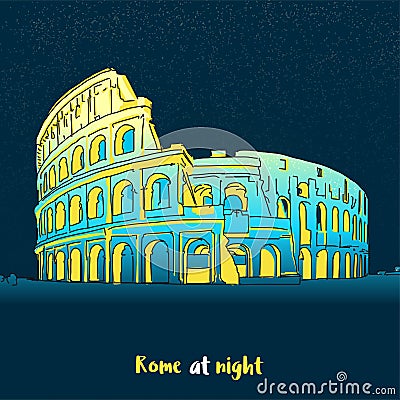 Rome Colosseum Skyline at night Vector Illustration