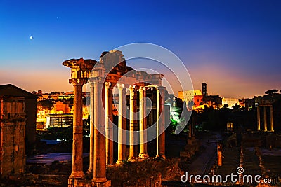 Rome, Italy. Aerial view of illuminated Roman forum Stock Photo