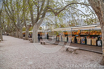 Book and souvenir stands and people shopping along Tiber River in Rome Editorial Stock Photo