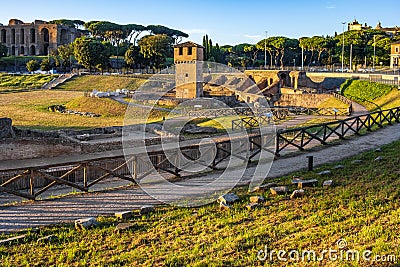 Rome, Italy - Archeological site, ruins remaining of the ancient roman arena Circus Maximus - Circo Massimo Editorial Stock Photo