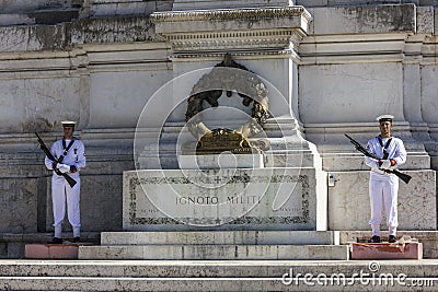 Rome/Italy - August 24, 2018: Honour Guard of the Tomb of the Unknown Soldier on the Altar of the Fatherland Editorial Stock Photo