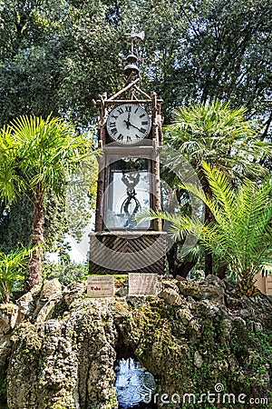 Rome, Italy - August 23, 2018: Old water clock in villa Borghese park. Editorial Stock Photo