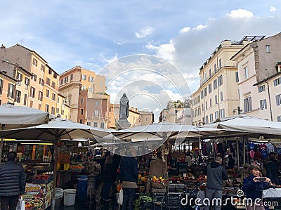 Rome, Italy - December 7, 2019. busy outdoor market on a piazza Editorial Stock Photo