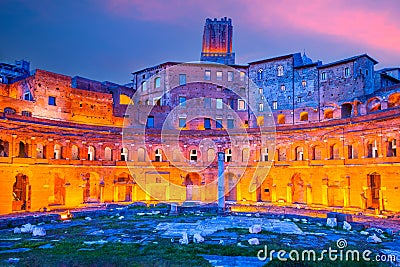 Rome, Italy. Enchanting blue hour shot of Trajan Market, Ancient Rome Stock Photo