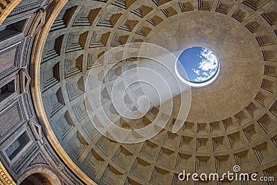 Rome, Italy - Interior of Roman Pantheon ancient temple, presently catholic Basilica, with its characteristic dome with an oculus Editorial Stock Photo