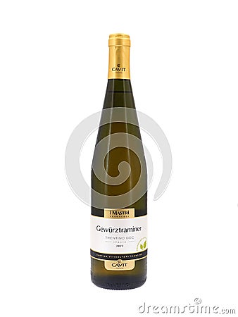 ROME, ITALY - JANUARY 6, 2024. Bottle of Gewurztraminer white wine isolated on white background. Editorial Stock Photo