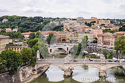 Rome, Italy - 23 June 2018: Cityscape of Rome with Tiber river and bridge viewed from Castel Sant Angelo, Mausoleum of Hadrian Editorial Stock Photo