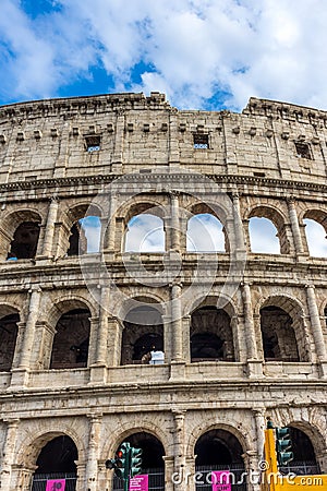 Rome, Italy - 23 June 2018: Facade of the Great Roman Colosseum (Coliseum, Colosseo), also known as the Flavian Amphitheatre Editorial Stock Photo