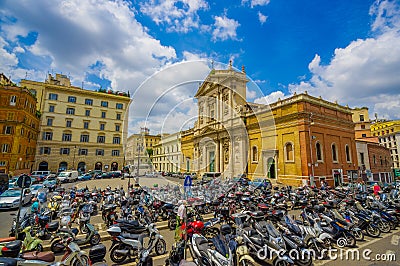 ROME, ITALY - JUNE 13, 2015: Nice church in the center of Rome city, outside motorcycle parking place Editorial Stock Photo