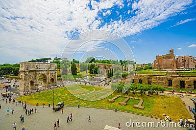 ROME, ITALY - JUNE 13, 2015: Spectacular view from Roman Coliseum, Constantine arch and nice square Editorial Stock Photo