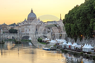 Sunset Panorama of Tiber River, St. Angelo Bridge and St. Peter`s Basilica in Rome, Italy Editorial Stock Photo