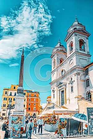 ROME, ITALY - MAY 08, 2017 : Church Monastic Brotherhood of Jerusalem`s Sisters and Trinity of the Mountains with Obelisk Editorial Stock Photo