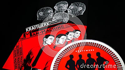 Detail of CD and artwork of Remastered albums of the German music group KRAFTWERK. considered among the pioneers of electronic mus Editorial Stock Photo