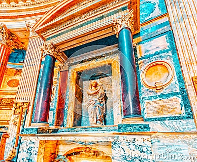 ROME, ITALY - MAY 09, 2017 : Inside interior of the Pantheon, is a former Roman temple, now a church, in Rome,Raphael`s grave. Editorial Stock Photo