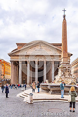 ROME, ITALY - MAY 05, 2019: Pantheon and Fontana del Pantheon with monumental obelisk on Piazza della Rotonda, Rome Editorial Stock Photo
