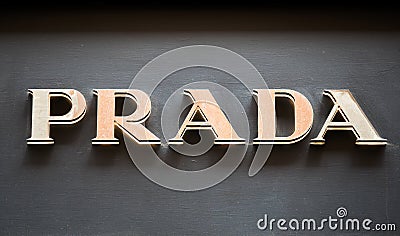 Rome, Italy - May 13, 2018: Prada logo on brand`s store in Rome. Editorial Stock Photo