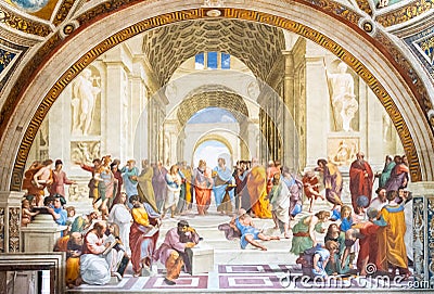 ROME, ITALY - MAY 07, 2019: School of Athens painting by Raphael, Vatican Museums, Vatican City Editorial Stock Photo