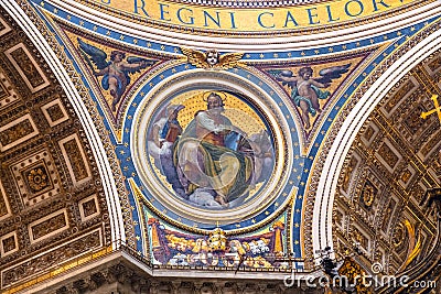 St. Matthew Evangelist mosaic beneath main dome and over presbytery of St. Peter`s Basilica of Vatican City in Rome in Italy Editorial Stock Photo