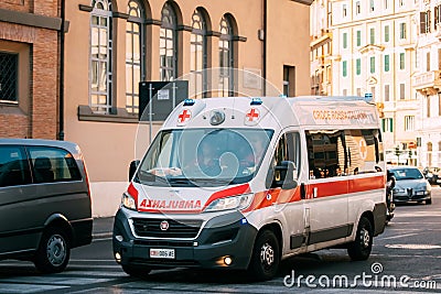 Rome, Italy. Moving With Siren Emergency Ambulance Reanimation Van Fiat Car On Street. Emergency Lights System Els Editorial Stock Photo