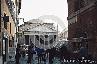 A large crowd of tourist visiting the Pantheon, ancient Roman temple and Catholic church at Piazza della Rotonda in Rome, Italy Editorial Stock Photo