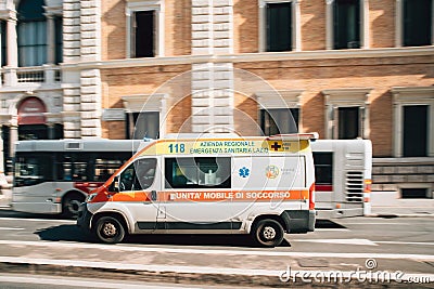 Rome, Italy. Moving With Siren Emergency Ambulance Reanimation Van Car On Street. Editorial Stock Photo
