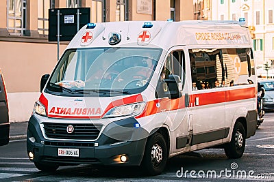 Rome, Italy. Moving With Siren Emergency Ambulance Reanimation Van Fiat Car On Street. Emergency Lights System Els Editorial Stock Photo