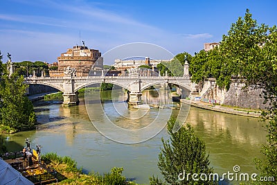 Rome, Italy - Panoramic view of Rome with Castle of St. Angel - Castel Santâ€™Angelo - and Ponte Vittorio Emanuele II bridge over Editorial Stock Photo