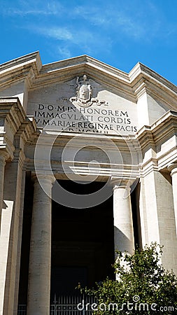 Main facade of the Basilica of the Sacred Heart Immaculate of Mary, in Piazza Euclide in Rome. with a Greek cross plan inscribed i Stock Photo