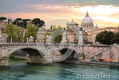 ROME, ITALY. St Peter`s basilica in Vatican, river Tiber view and Roma`n bridge Stock Photo