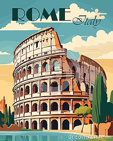 Rome, Italy travel destination retro poster vector Vector Illustration