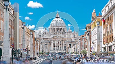 Rome, Italy, Vatican timelapse: St. Peter's Basilica in Vatican City State view from Via della Conciliazione, Road of Editorial Stock Photo