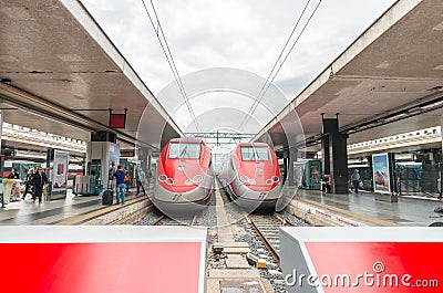 ROME - JUNE 16, 2014: Termini train station and modern trains fr Editorial Stock Photo