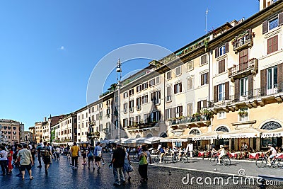 Rome, Lazio, Italy. July 25, 2017: Terraces of bars full of people in the famous square called 