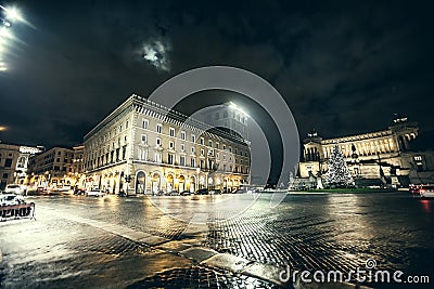 Rome, Piazza Venezia at Christmas. Night. Christmas tree. Stock Photo