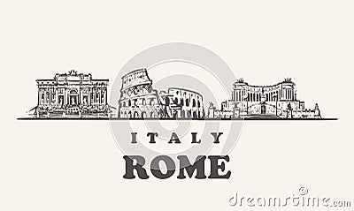 Rome skyline, Italy vintage vector illustration, hand drawn buildings Cartoon Illustration