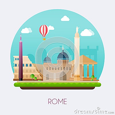 Rome. Skyline and vector landscape of buildings and famous land Vector Illustration