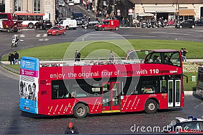 Rome. Tourist red bus. Venice square, historic center Editorial Stock Photo