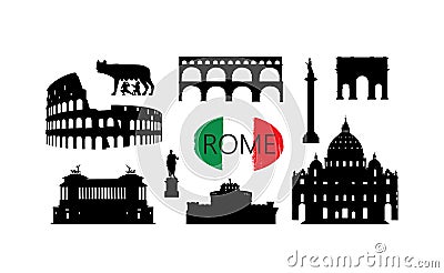 Rome travel landmark set. Italian famous places silhouette icons. Architecture, building, arch, monument, brindge, sculpture main Stock Photo