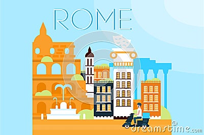 Rome, travel landmarks, city architecture vector illustration in flat style Vector Illustration