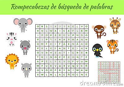 Rompecabezas de bÃºsqueda de palabras - Word search puzzle. Educational game for study Spanish words. Kids activity worksheet Cartoon Illustration
