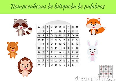 Rompecabezas de bÃºsqueda de palabras - Word search puzzle. Educational game for study Spanish words. Kids activity worksheet Vector Illustration