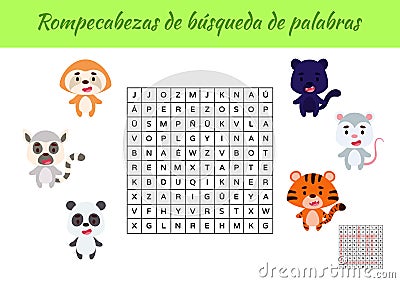 Rompecabezas de bÃºsqueda de palabras - Word search puzzle. Educational game for study Spanish words. Kids activity worksheet Vector Illustration