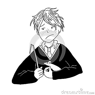 Ron with a rat in glasses with white owl from the books Vector Illustration