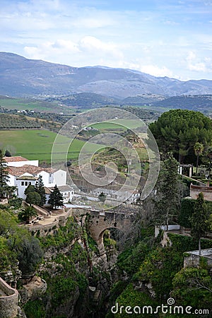Ronda, Andalusian town in Spain at the Puente Nuevo Bridge over the Tajo Gorge, pueblo blanco Stock Photo