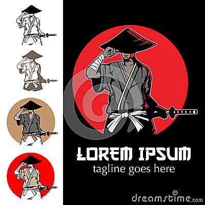 Ronin Warrior wears traditional straw hat Vector Illustration