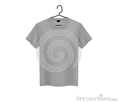 Ront view of men`s gray t-shirt Mock-up on metal hanger and light background. Short sleeve T-shirt template on background Stock Photo