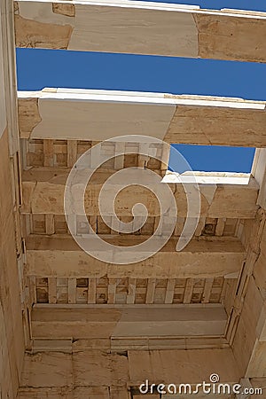 Roof beams against the blue sky. Propylaea Acropolis. Athens Stock Photo