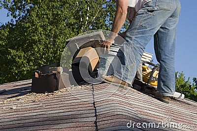 Roof Chimney Repair, Home Maintenance House Fix Stock Photo