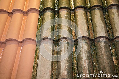 After and before Roof cleaning with high pressure water cleaner Stock Photo